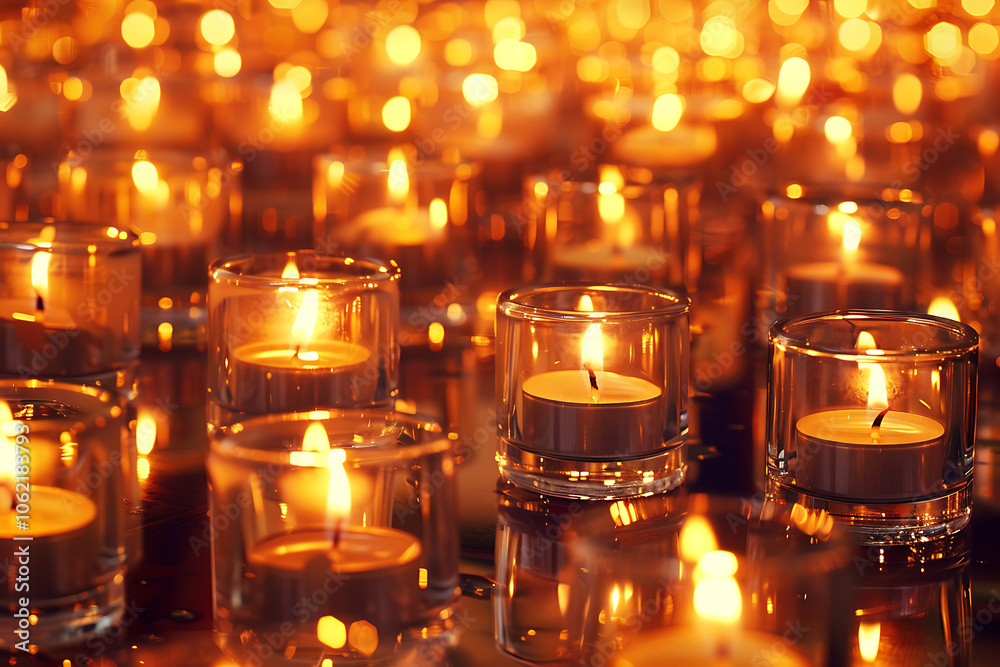 Softly glowing candles illuminate serene atmosphere, creating warm ambiance with numerous small glass holders. flickering flames evoke sense of tranquility and peace Softly glowing candles illuminate serene atmosphere, creating warm ambiance with numerous small glass holders. flickering flames evoke sense of tranquility and peace