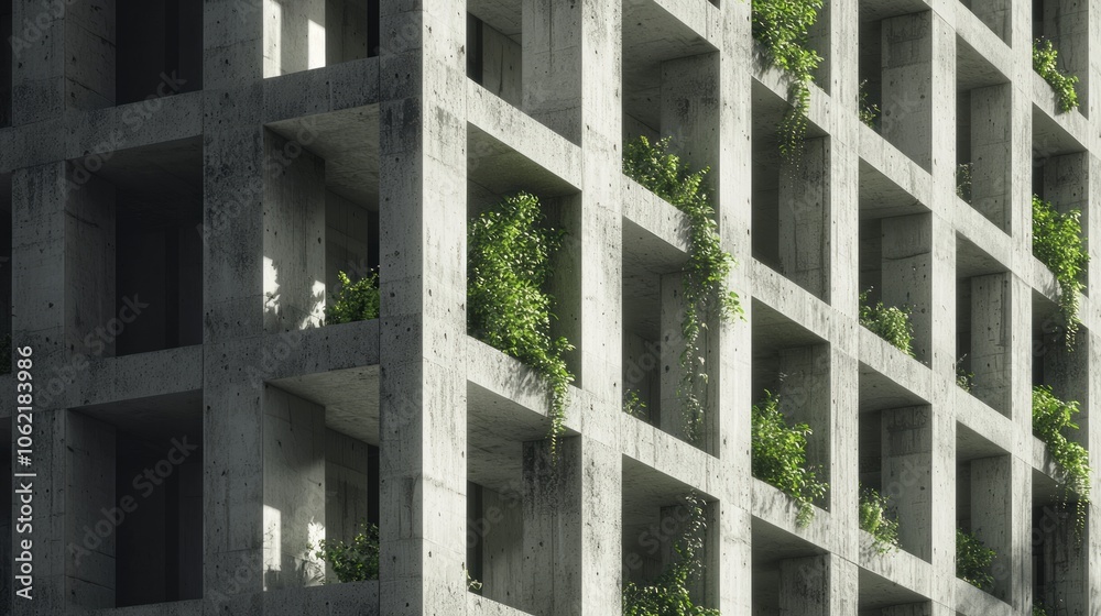 Brutalist Residential Building: Concrete Patterns with Greenery - Architectural Harmony in 3D Render Illustration Brutalist Residential Building: Concrete Patterns with Greenery - Architectural Harmony in 3D Render Illustration