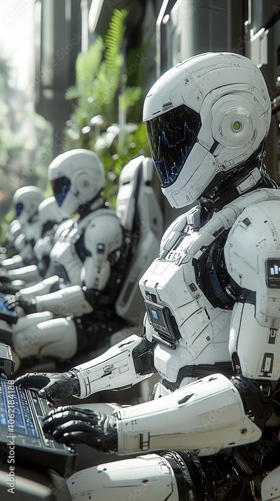 Futuristic robots working at computer stations, showcasing advanced technology and AI integration in a modern environment. Futuristic robots working at computer stations, showcasing advanced technology and AI integration in a modern environment.