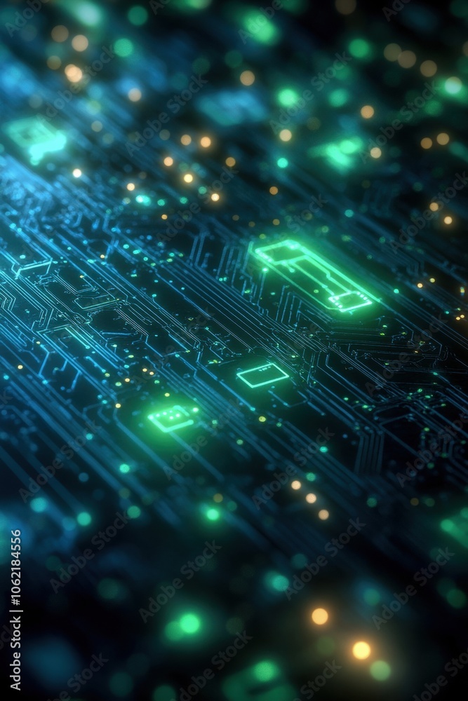 Futuristic digital technology background with blue and green glowing elements. Generative AI Futuristic digital technology background with blue and green glowing elements. Generative AI