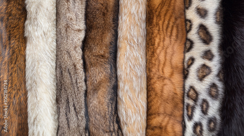 Variety of fur textures displayed in a row showcasing different animal patterns photo