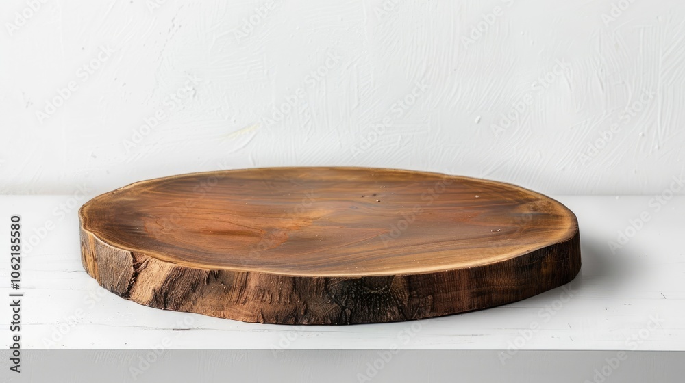 Wooden plate on table with white background for product display, vintage style concept, with space for branding. Wooden plate on table with white background for product display, vintage style concept, with space for branding.