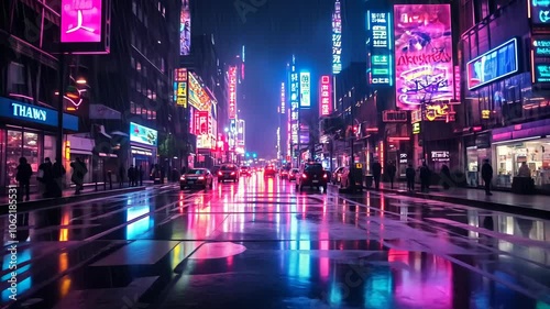 A wet city street at night, reflecting the vibrant neon signs