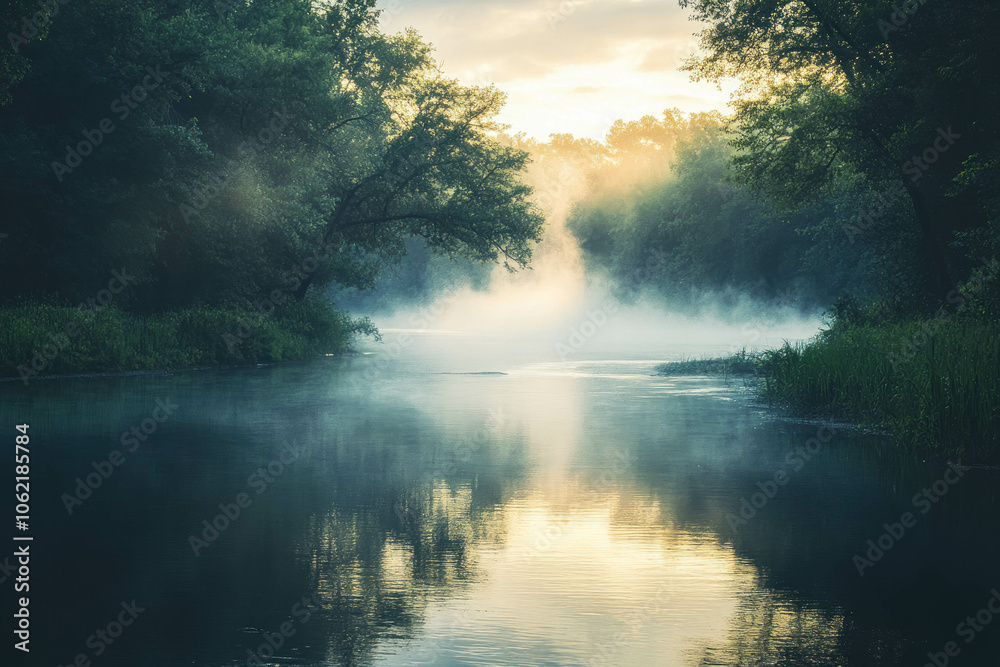 Calm River At Dawn With Mist And Gentle Light Through Forest. Peaceful Mist River Landscapes Calm River At Dawn With Mist And Gentle Light Through Forest. Peaceful Mist River Landscapes
