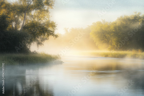 Sunlit Misty River Scene With Green Foliage And Soft Morning Light. Peaceful Mist River Landscapes