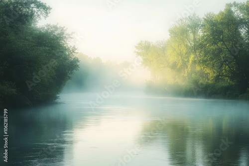 Peaceful Misty River Scene With Soft Morning Light And Greenery. Peaceful Mist River Landscapes