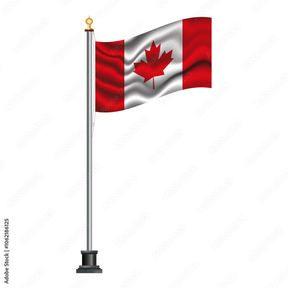 Fototapeta premium Canadian flag waving on a flagpole, isolated on transparent or white background, vector illustration. The national flag of Canada.