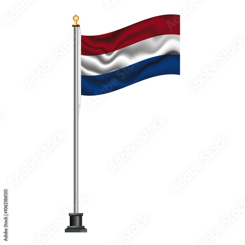 Dutch flag waving on a flagpole, isolated on transparent or white background, vector illustration. The national flag of the Netherlands.
