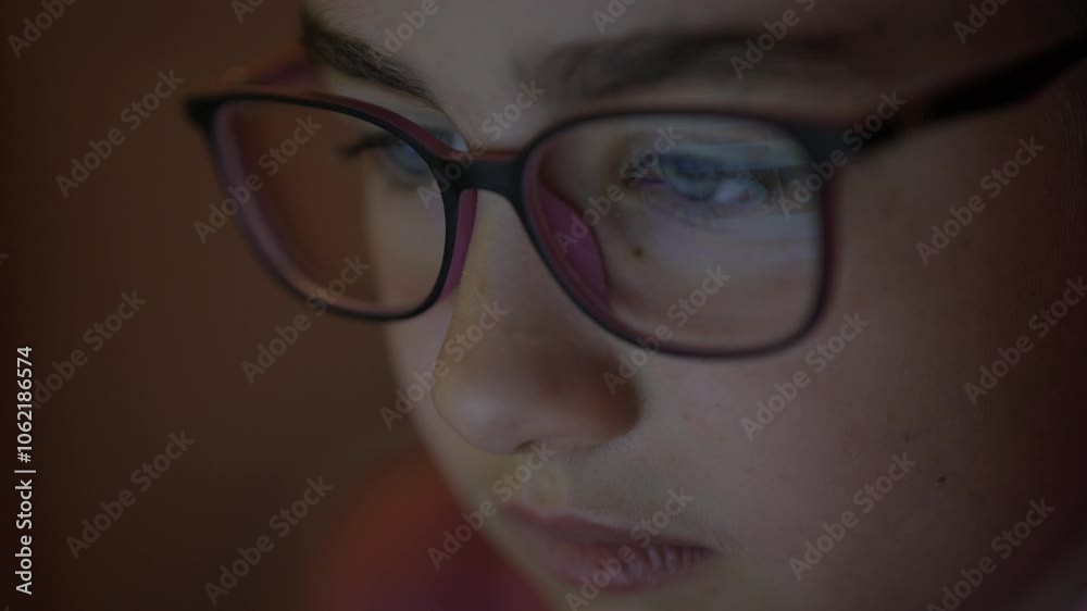 Face Girl is Looking at Digital Tablet Computer Screen With Glasses. Child Eyes Staring at Device Screen Watching on Social Media. Girl in Eye Glasses With Reflections Using Digital Tablet PC at Night Face Girl is Looking at Digital Tablet Computer Screen With Glasses. Child Eyes Staring at Device Screen Watching on Social Media. Girl in Eye Glasses With Reflections Using Digital Tablet PC at Night