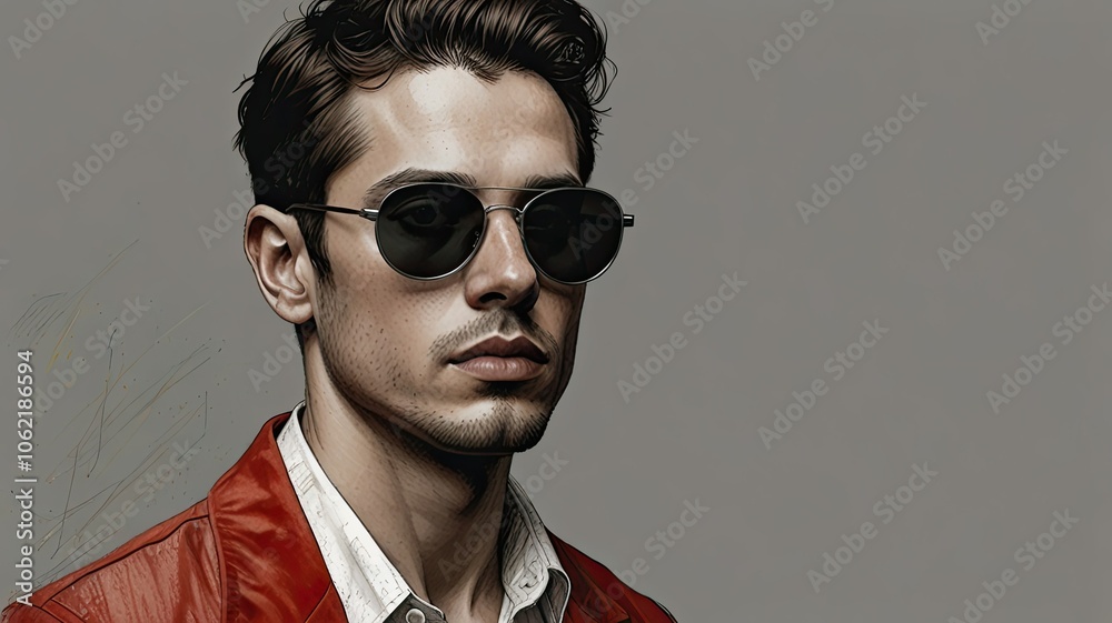 Fototapeta premium The young man with dark hair and sunglasses stands elegantly dressed in a red jacket exuding confidence and style against a muted backdrop