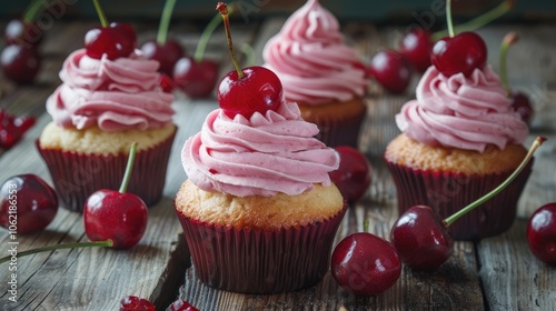 Cherry berry cream cupcakes on wooden table with cherries.