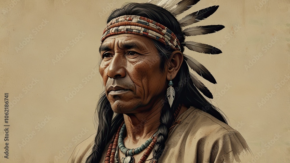 Obraz premium This artwork features a Native American man wearing traditional attire and accessories highlighting the beauty of Indigenous culture and identity