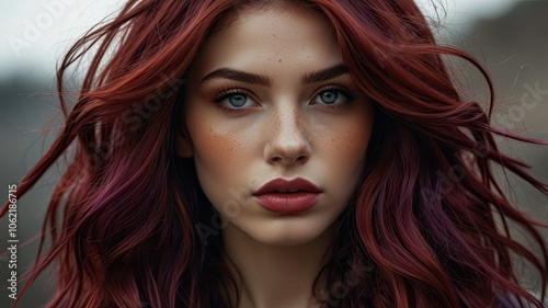 A young woman with striking red hair and intense blue eyes stands outdoors catching the light of the golden hour with a serene expression on her face