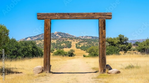 Rustic wooden farm gate framing scenic mountain vista in countryside