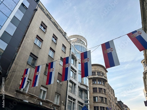 Konstfotografi Serbian flags above the street in the center of Belgrade