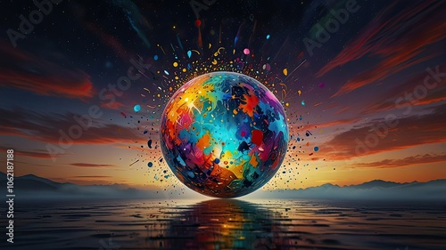 A colorful globe explodes with paint splashes as the sun sets reflecting brilliantly on the water blending art and nature in a stunning display of creativity photo