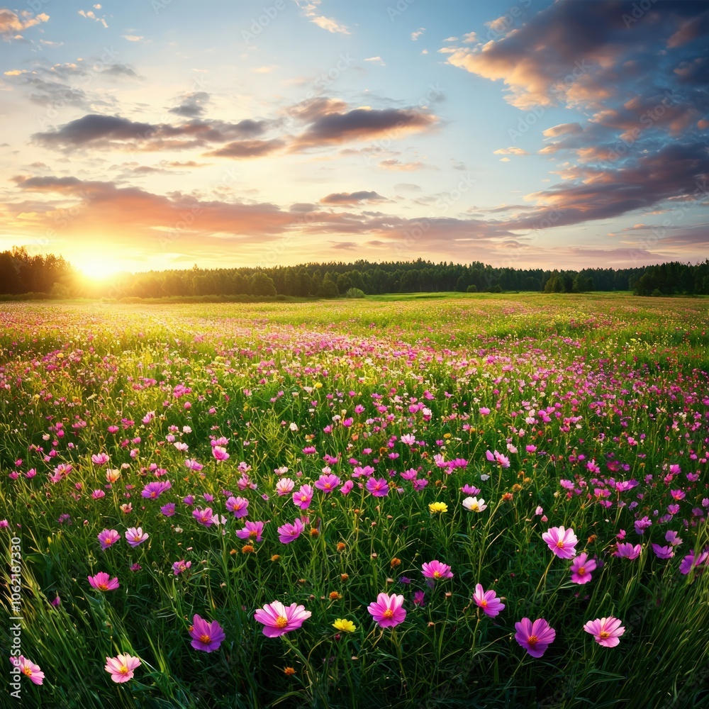 Fototapeta premium Sunset Illuminates Vibrant Wildflower Meadow Enhancing Nature's Beauty and Tranquility in the Landscape