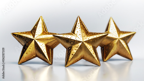 Close-up of three golden stars arranged on a light background, symbolizing excellence, quality, or rating in a minimalist style. 