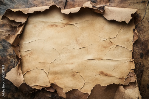 Old torn parchment paper with curled edges on textured surface. Ripped torn blank with copy space