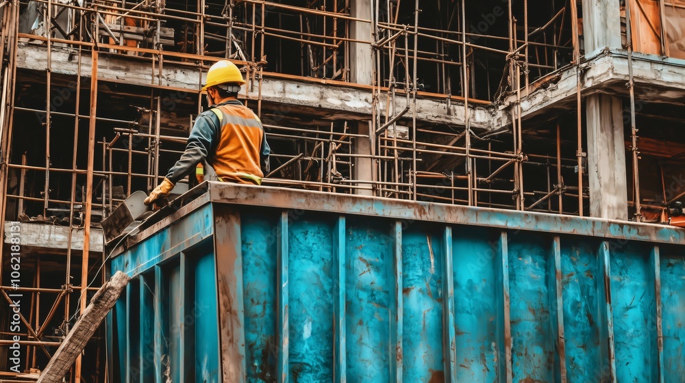 Construction worker disposing of waste in large container on site Construction worker disposing of waste in large container on site