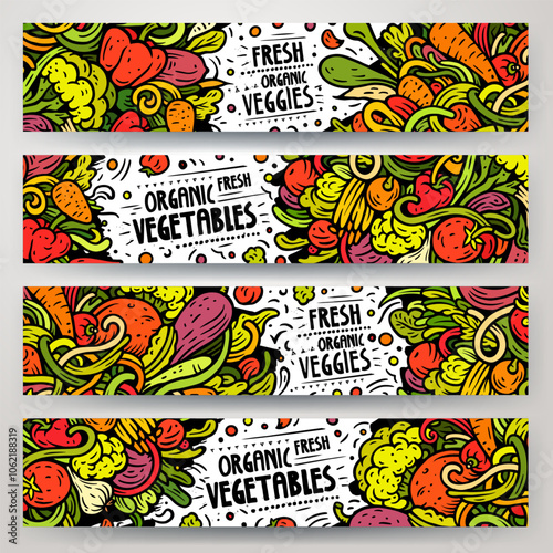 Cartoon vector doodle set of Fresh Vegetables banners templates. Corporate identity for the use on apps, branding, flyers, web design. Funny veggies colorful illustration