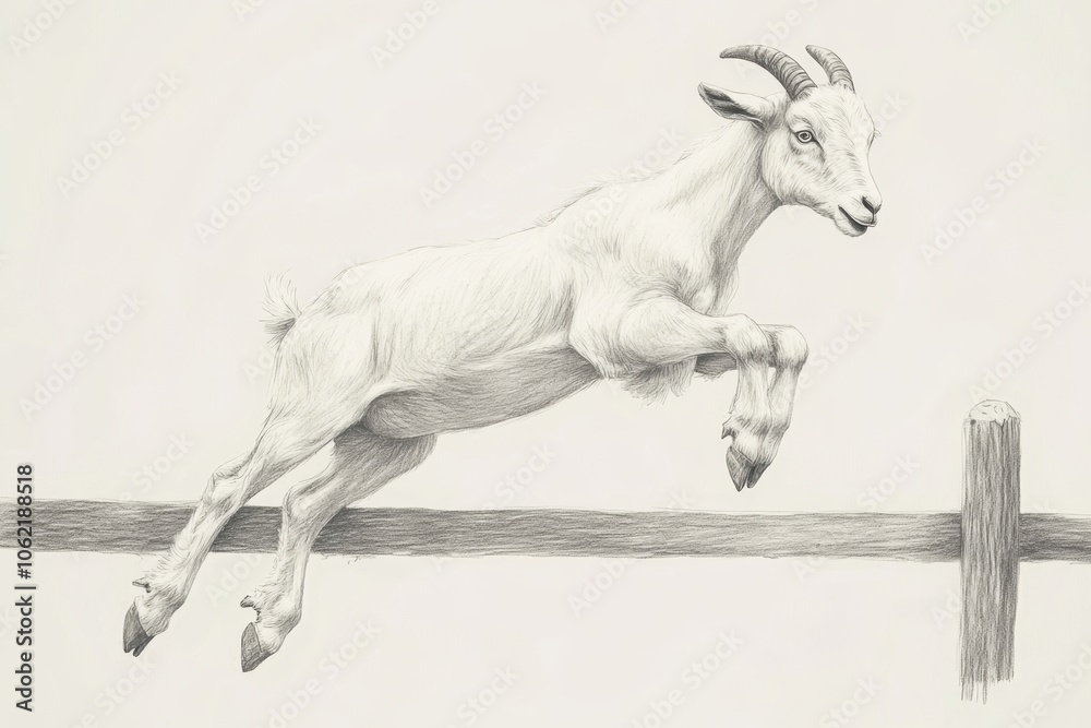 Fototapeta premium Detailed pencil sketch of a white goat mid-leap over a wooden fence, capturing dynamic movement and lively expression against a plain background