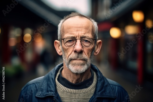 Portrait of an old man with a beard and glasses on a blurred background