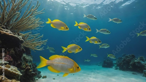 Vibrant underwater shot of a school of fish