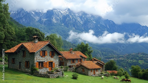 Early European village high the Alps with stone houses and grazing livestock affected by the sudden cooling and changing weather patterns of the Piora Oscillation