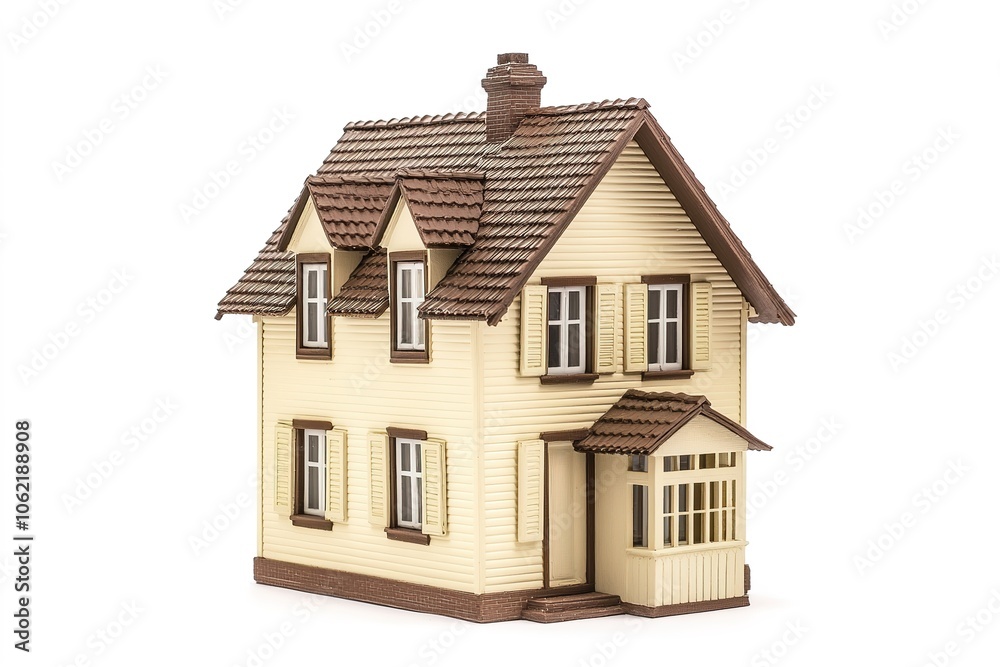Detailed model of yellow house with brown roof on white Detailed model of yellow house with brown roof on white