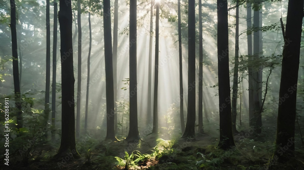 Obraz premium Sunlight streaming through foggy treetops in a dense forest