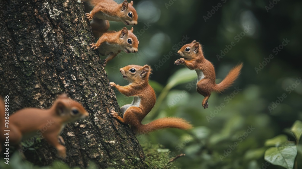 Fototapeta premium Four Red Squirrels Playing on a Tree Trunk