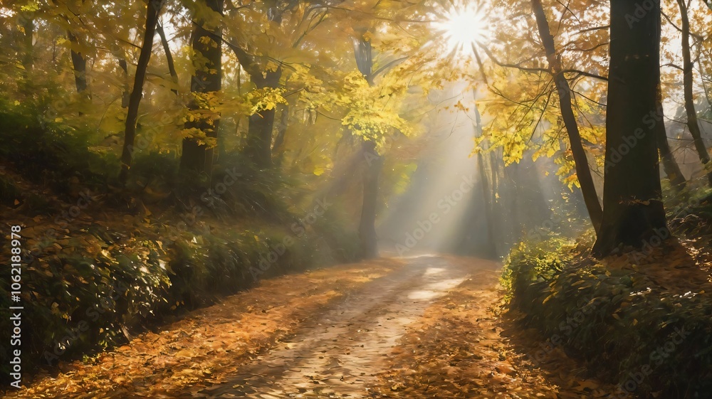 Obraz premium Sunlight filtering through autumn leaves onto a path