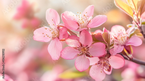 Blossoming pink cherry flowers in spring sunlight brightening a garden