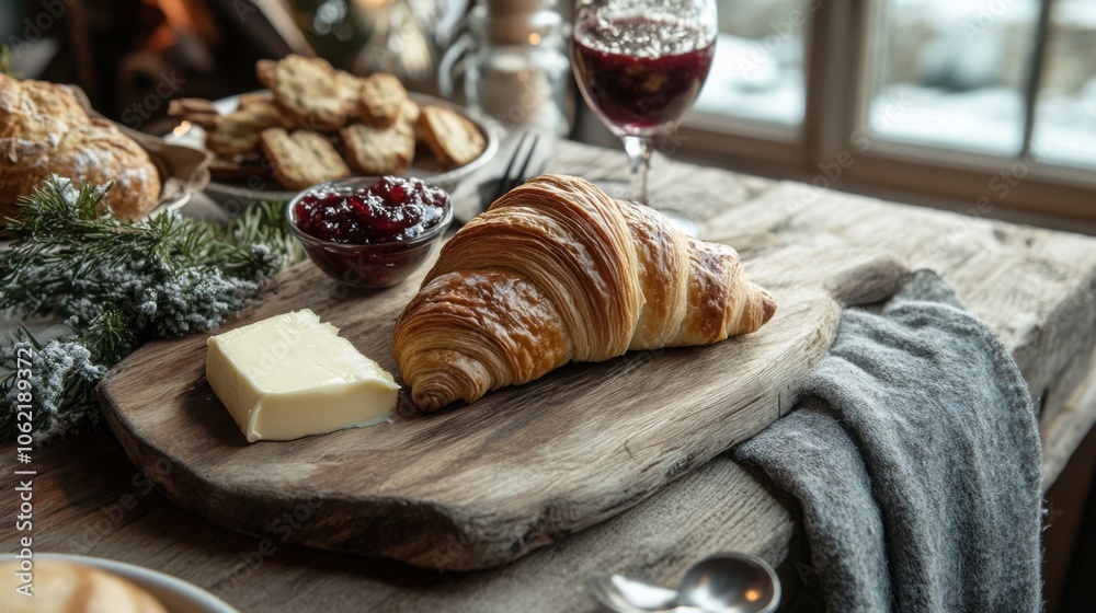 Golden croissant on a wooden board, with butter and jam on the side, rustic breakfast setting. Golden croissant on a wooden board, with butter and jam on the side, rustic breakfast setting.