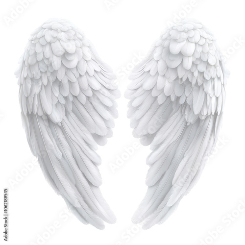The wings of a white angel are shown in detail, with each feather visible
