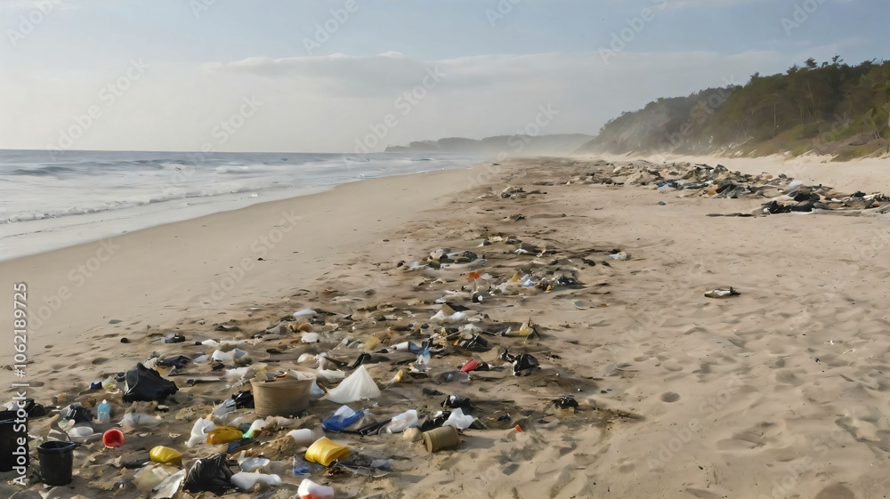 polluted sandy beach with a lot of trash polluted sandy beach with a lot of trash