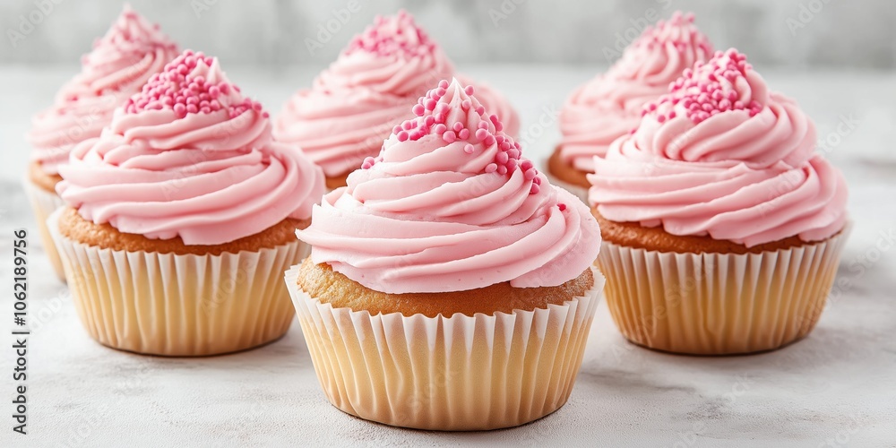 A row of pink cupcakes with pink frosting and pink sprinkles. The cupcakes are arranged in a neat row on a white surface A row of pink cupcakes with pink frosting and pink sprinkles. The cupcakes are arranged in a neat row on a white surface