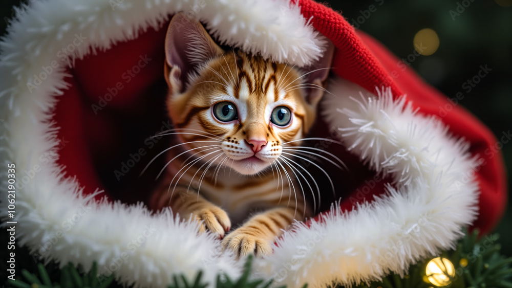 Adorable ginger tabby kitten peeking out from inside a Santa hat, surrounded by ornaments and warm, soft holiday lights, highlighting the warmth and joy of the holiday season Adorable ginger tabby kitten peeking out from inside a Santa hat, surrounded by ornaments and warm, soft holiday lights, highlighting the warmth and joy of the holiday season