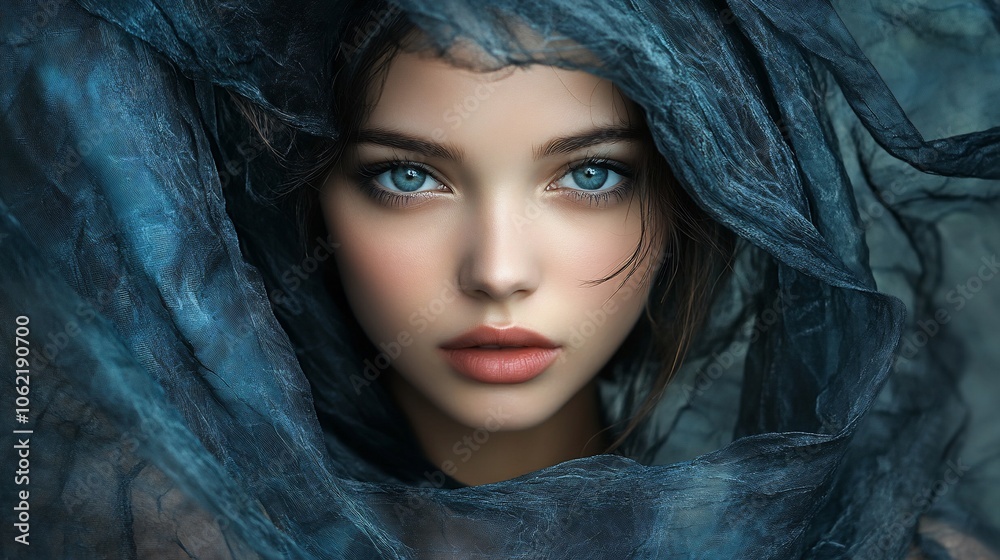A beautiful young woman with blue eyes looks directly at the camera, her face framed by a soft blue fabric. A beautiful young woman with blue eyes looks directly at the camera, her face framed by a soft blue fabric.