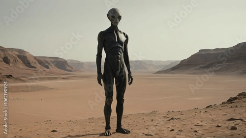 humanoid alien standing on martian landscape and wearing a black suit