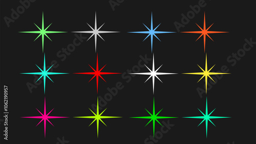 set of star glints vector in various colors like green, blue, red, yellow, white, orange, and pink. Each glint has a symmetrical sparkle effect