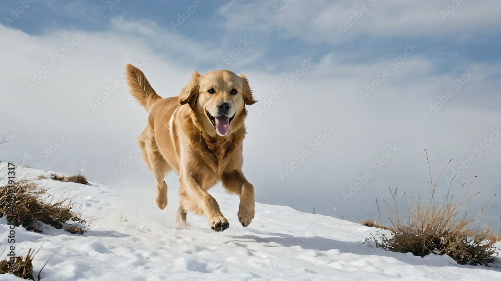 Golden retriever running on a snowy hillside Golden retriever running on a snowy hillside