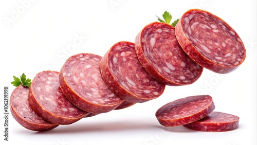 Asymmetrical falling sliced sausage on white background