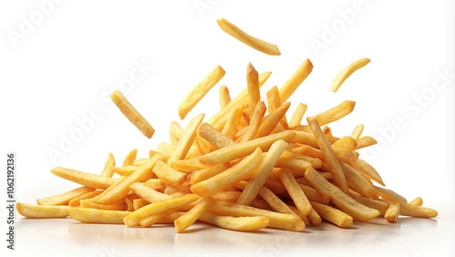 Asymmetrical falling French fries isolated on white background