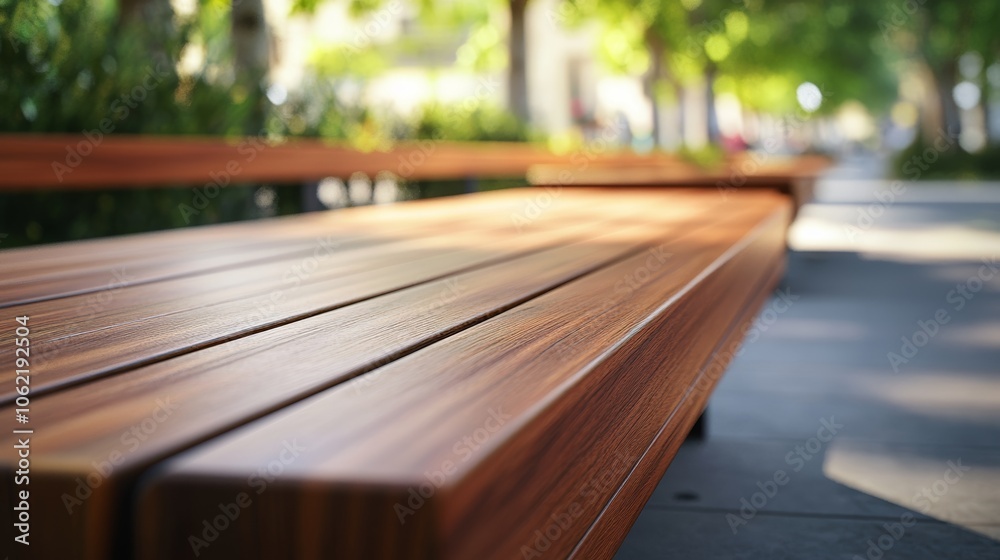 Wooden Benches Lined up on Cobbled Street in Quiet Park Wooden Benches Lined up on Cobbled Street in Quiet Park