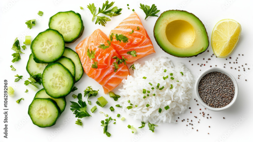 Fresh salmon, cucumbers, rice, and avocado arranged on a white background Fresh salmon, cucumbers, rice, and avocado arranged on a white background