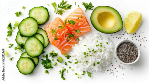 Fresh salmon, cucumbers, rice, and avocado arranged on a white background