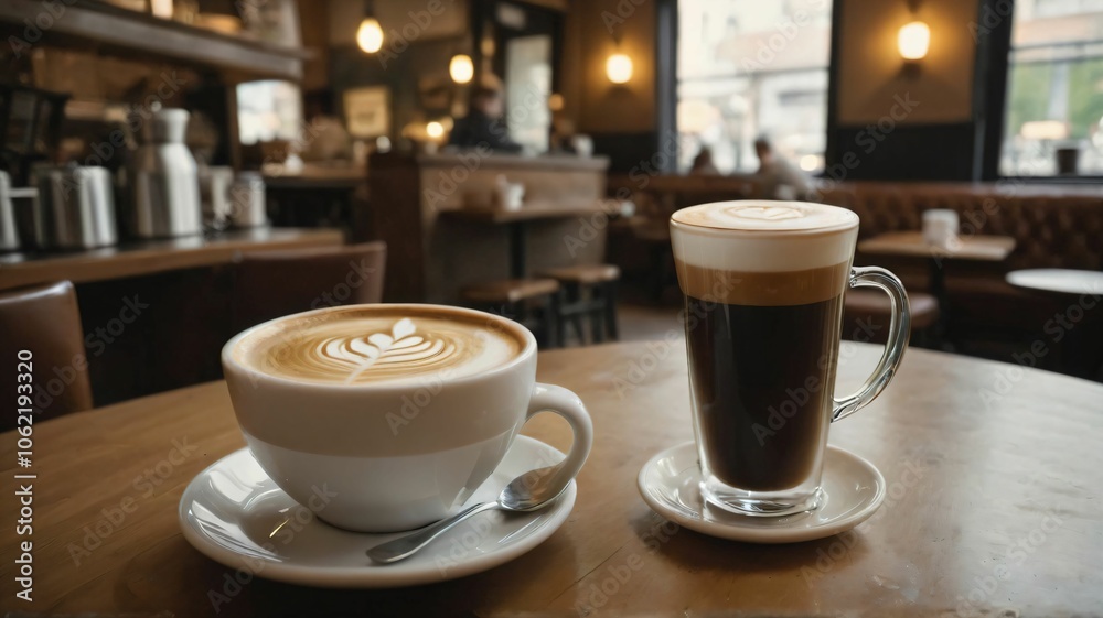 Close up of a freshly brewed coffee with latte art in a cozy cafe Close up of a freshly brewed coffee with latte art in a cozy cafe