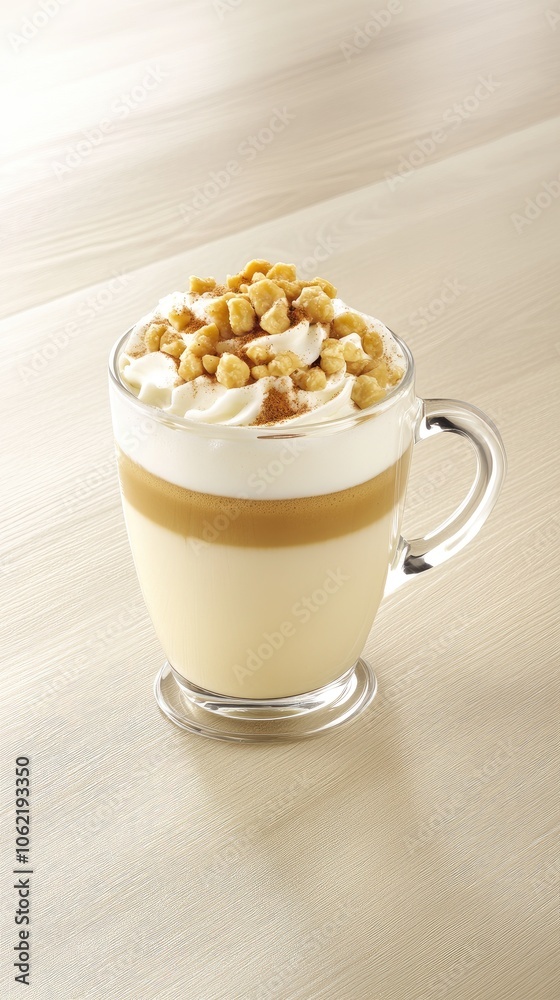Delicious pumpkin cappuccino topped with whipped cream and cinnamon served in a glass mug on a cozy autumn-themed table Delicious pumpkin cappuccino topped with whipped cream and cinnamon served in a glass mug on a cozy autumn-themed table